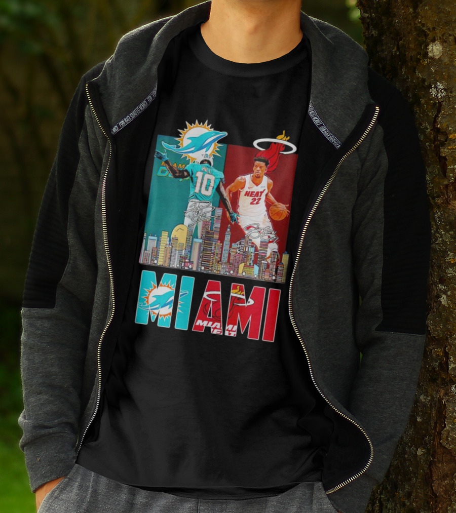 Miami Dolphins Tyreek Hill Miami Heat Jimmy Butler Signatures Skyline Featuring Dolphins And Heat T-Shirt