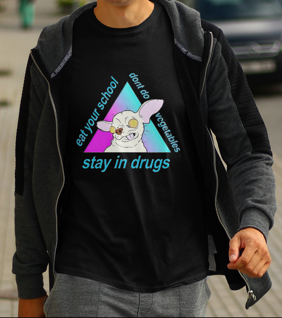 Stay In Drugs Eat Your School Don’t Do Vegetables Trippy Dog Triangle T-Shirt