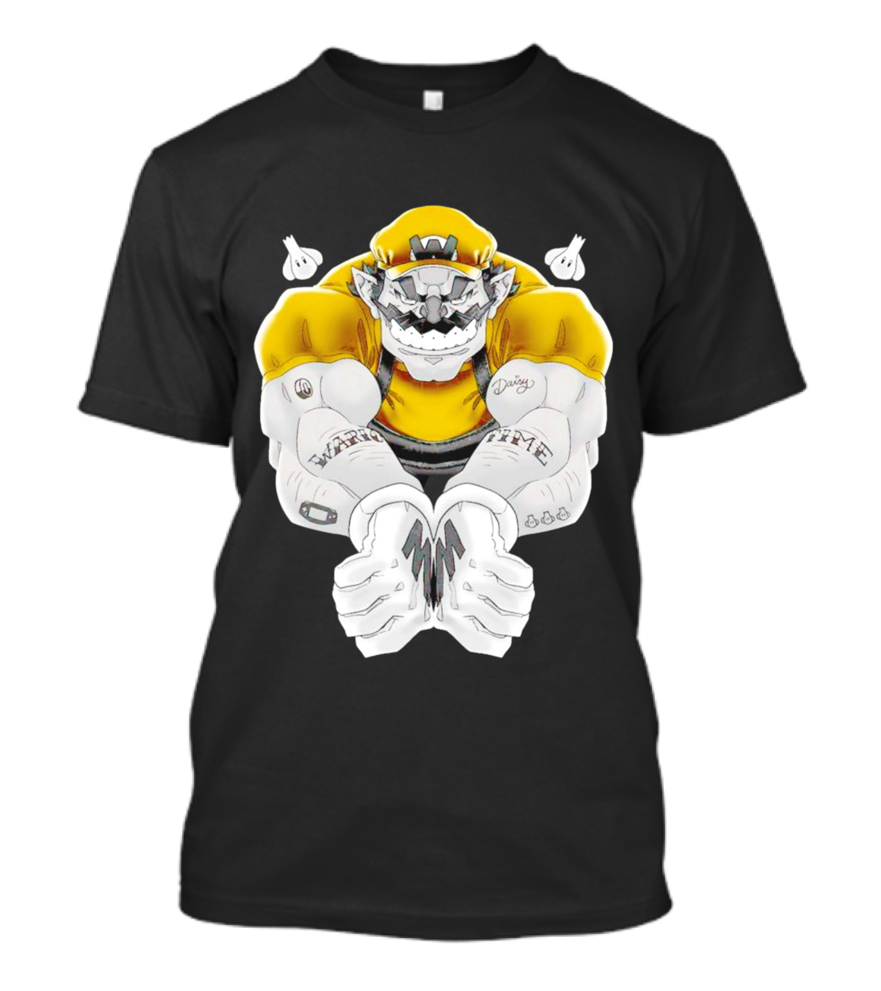 Wario Time Mario Daisy Tattoo With Yellow Cap And Muscle Pose T-Shirt