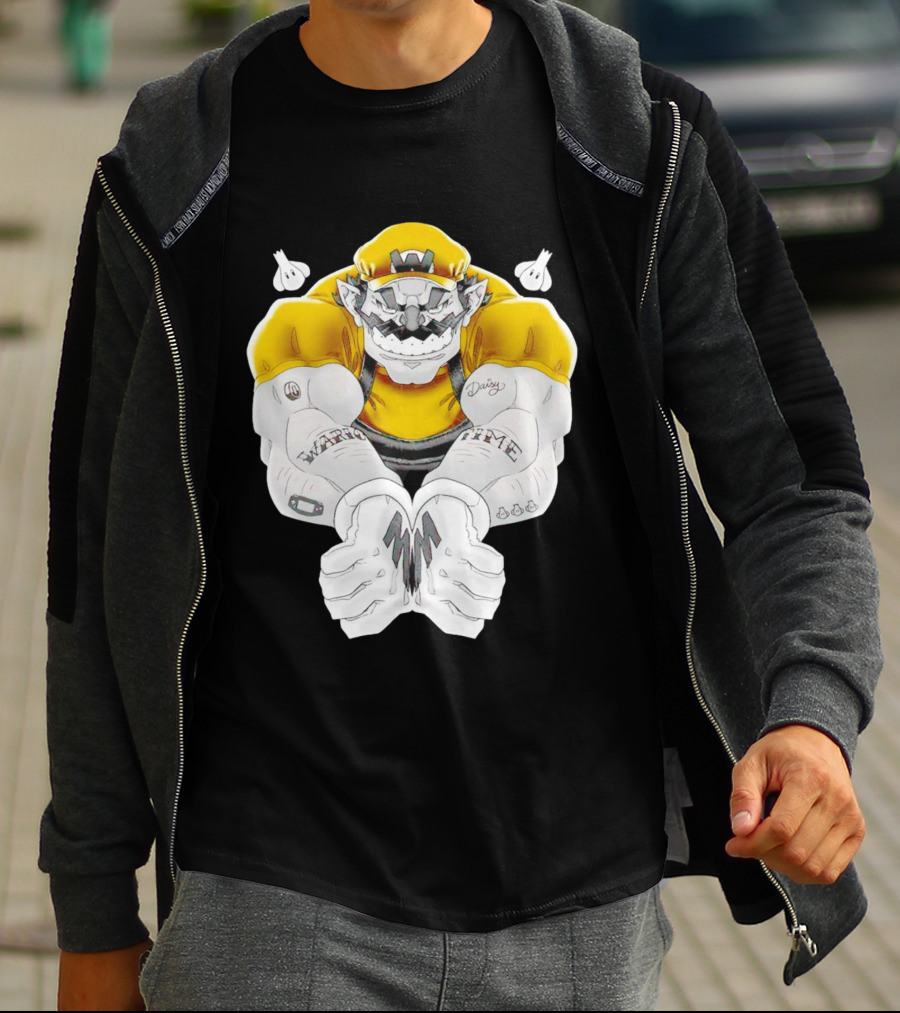 Wario Time Mario Daisy Tattoo With Yellow Cap And Muscle Pose T-Shirt