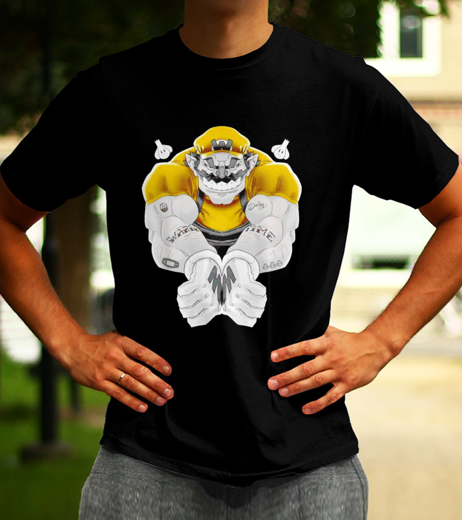 Wario Time Mario Daisy Tattoo With Yellow Cap And Muscle Pose T-Shirt