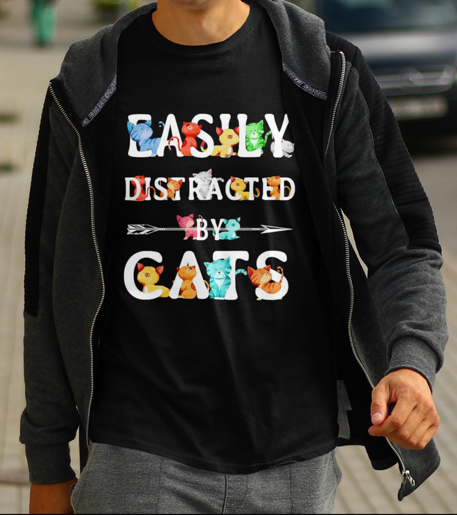 Easily Distracted By Cats Colorful Cartoon Kittens T-Shirt