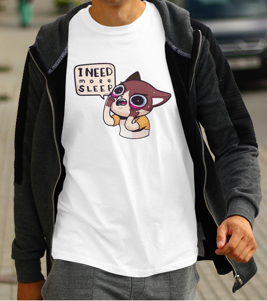 I Need More Sleep Tired Cartoon Character With Big Eyes And Pajamas T-Shirt