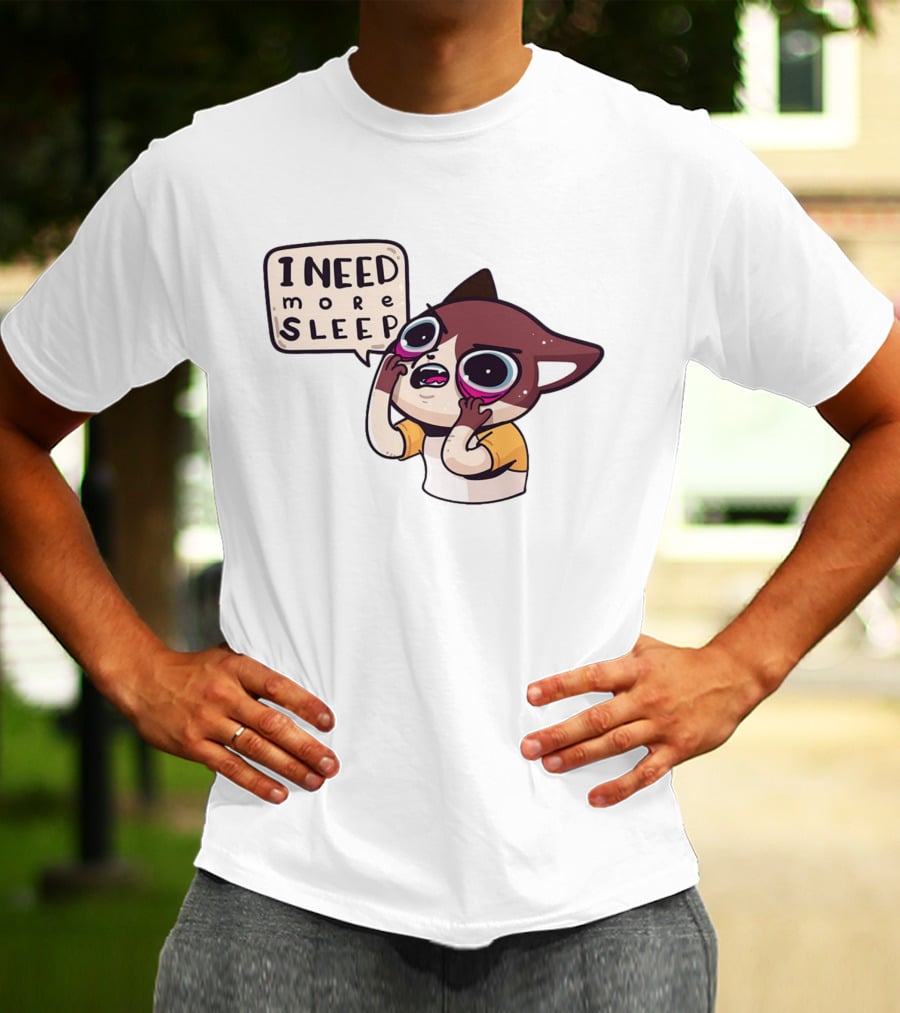 I Need More Sleep Tired Cartoon Character With Big Eyes And Pajamas T-Shirt