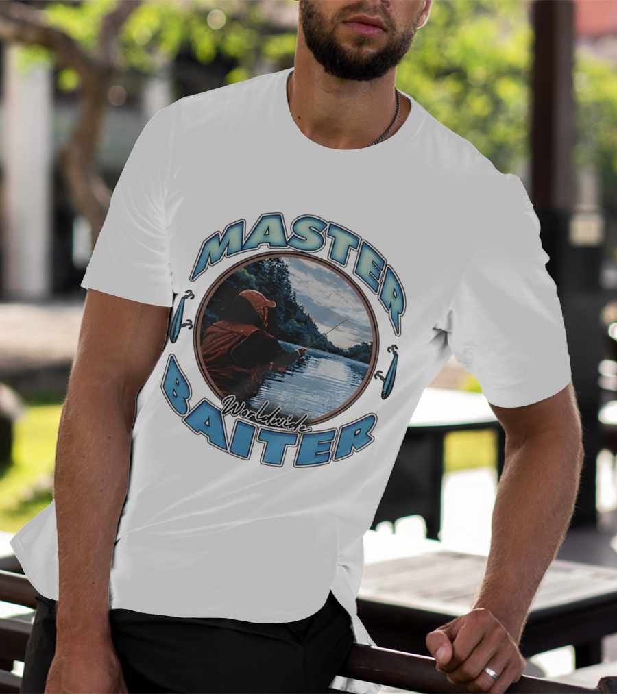 Master Baiter Worldwide Fishing Scene With Blue Text And Water Reflection T-Shirt