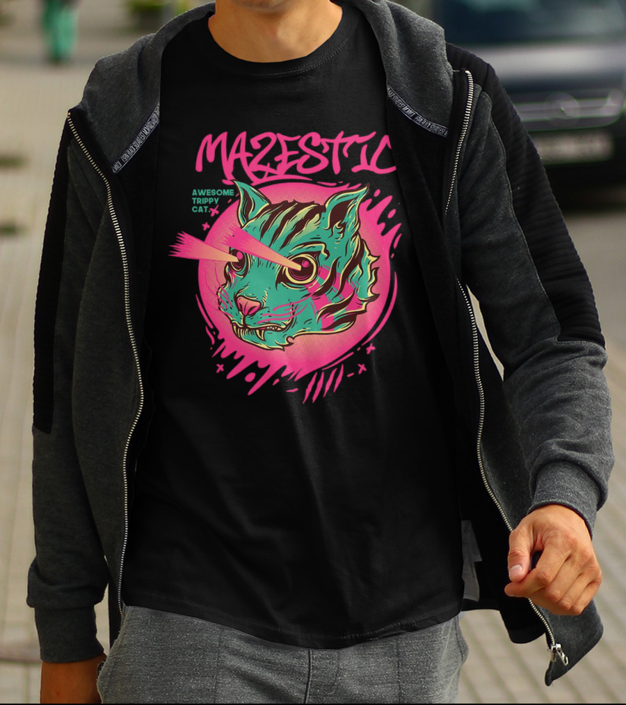 Mazestic Awesome Trippy Cat Psychedelic Neon Laser Eyes T-Shirt