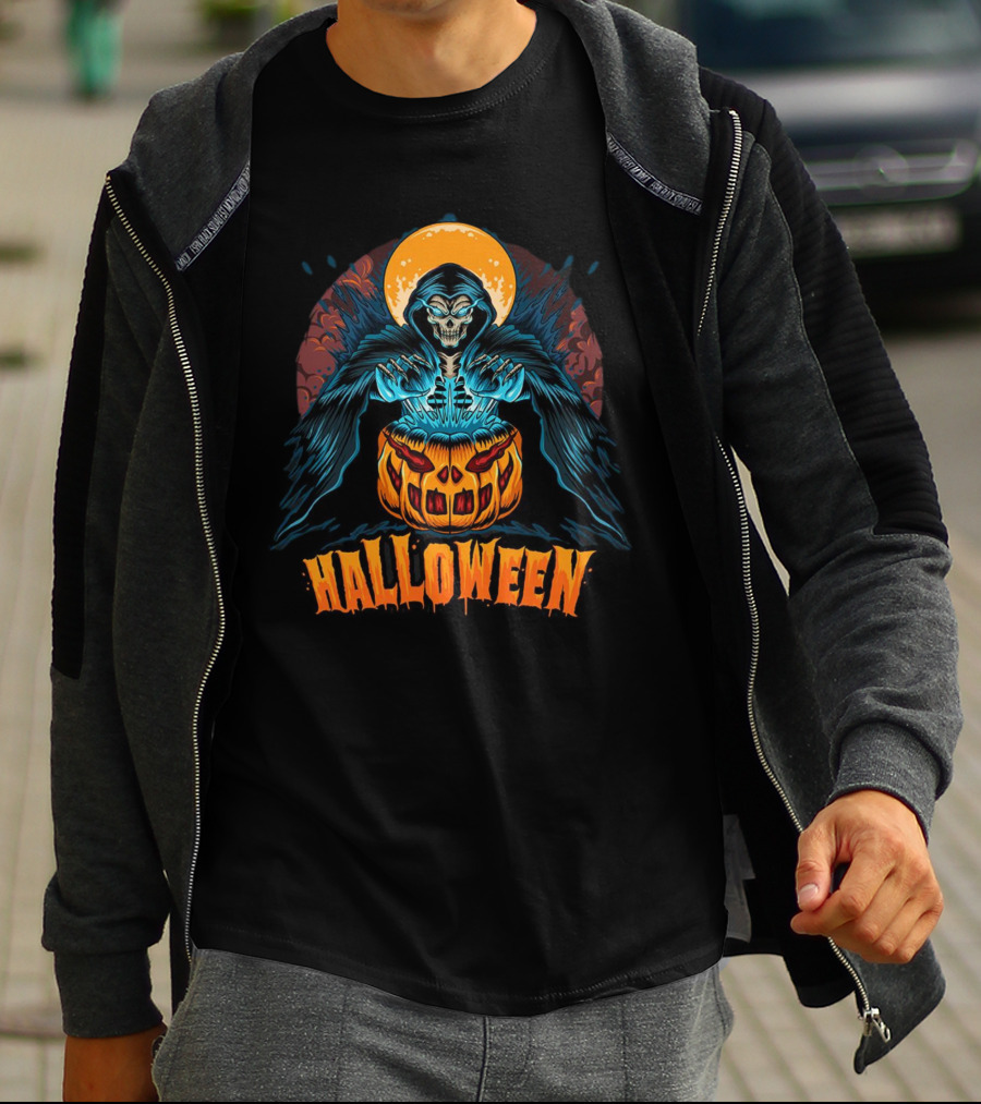 Grim Reaper With Pumpkin And Full Moon Halloween T-Shirt