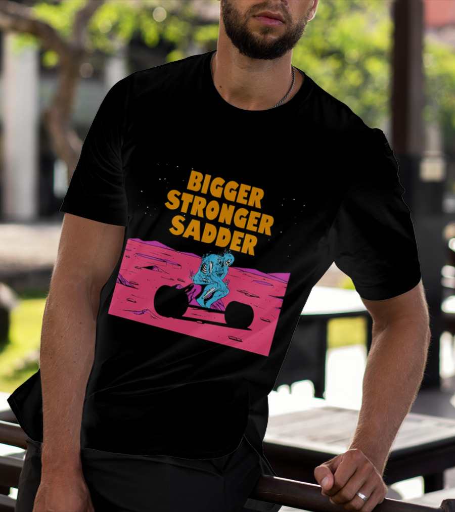 Bigger Stronger Sadder Skeleton Lifting Weights On Alien Planet T-Shirt