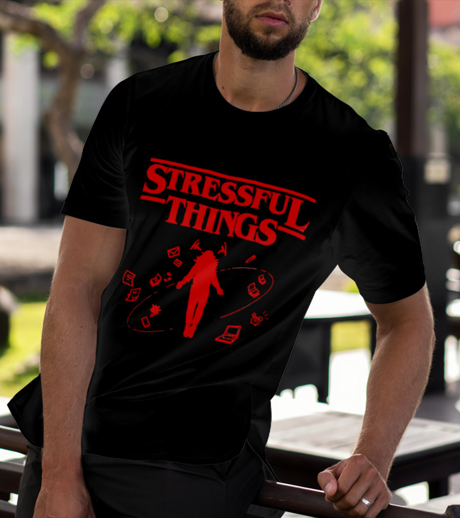 Stressful Things Floating Person With Scribbles And Electronics T-Shirt