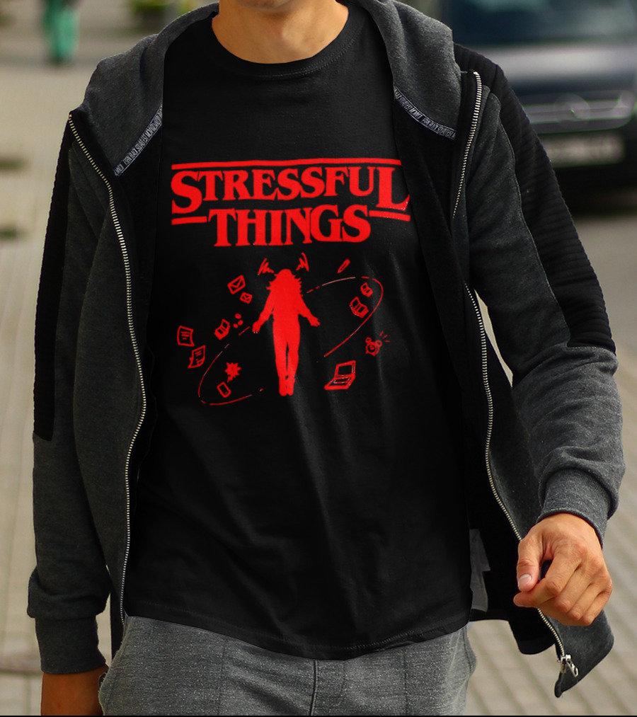 Stressful Things Floating Person With Scribbles And Electronics T-Shirt