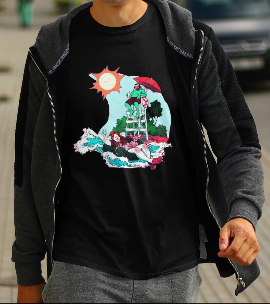 Deadpool Wubby Lifeguard Summer Beach Scene With Pool Float And Sunshine T-Shirt