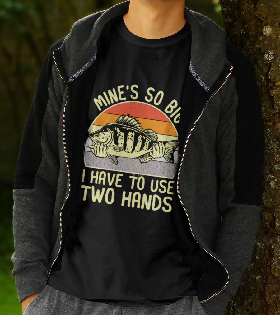 Vintage Fish Mine's So Big I Have To Use Two Hands Retro Sunset Stripes T-Shirt
