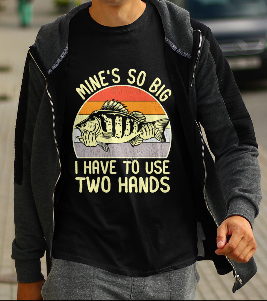 Vintage Fish Mine's So Big I Have To Use Two Hands Retro Sunset Stripes T-Shirt