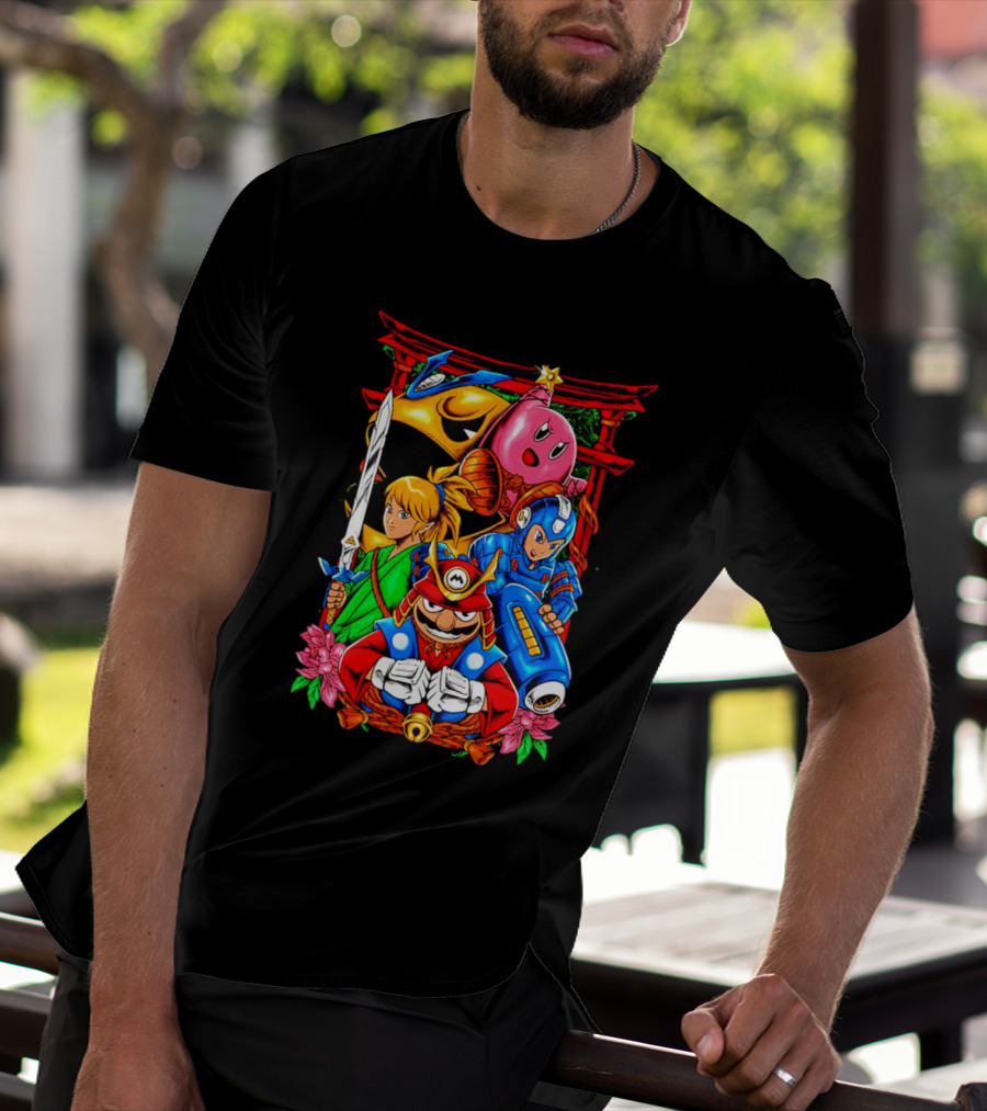 Game Heroes Showcase Pac-Man Kirby Link Mega Man Mario Collaboration T-Shirt