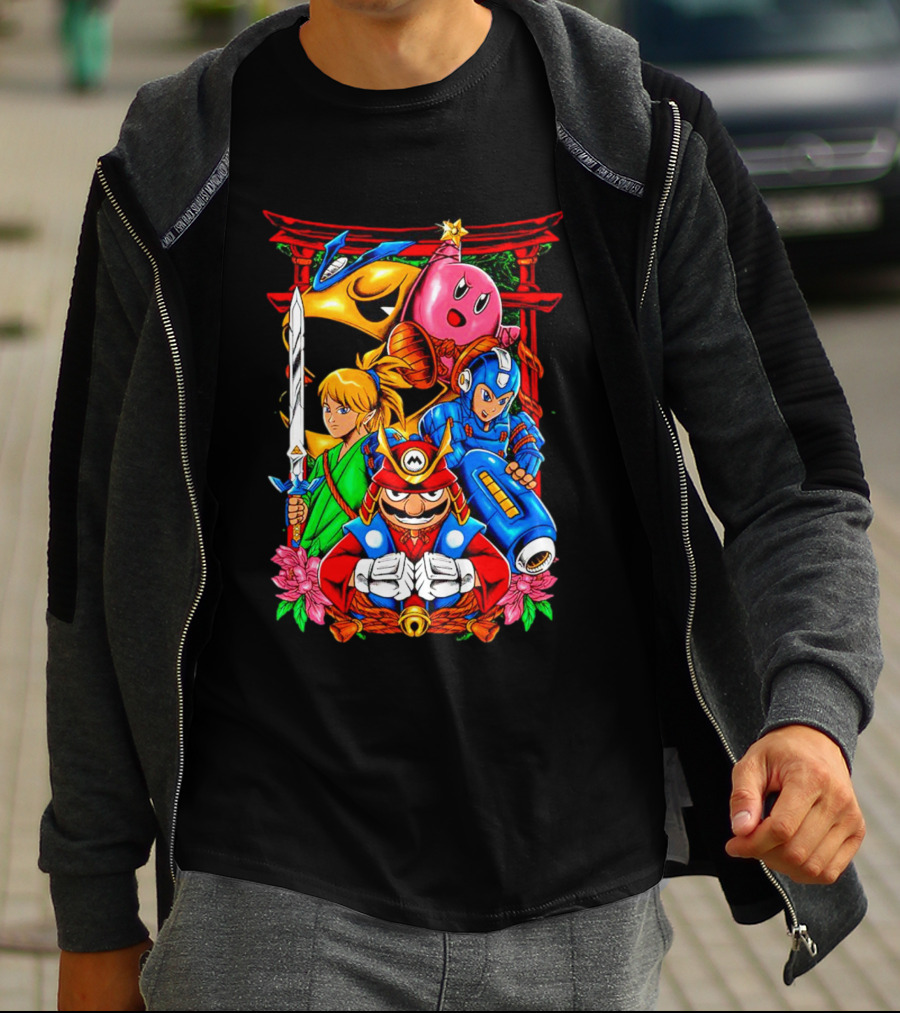 Game Heroes Showcase Pac-Man Kirby Link Mega Man Mario Collaboration T-Shirt