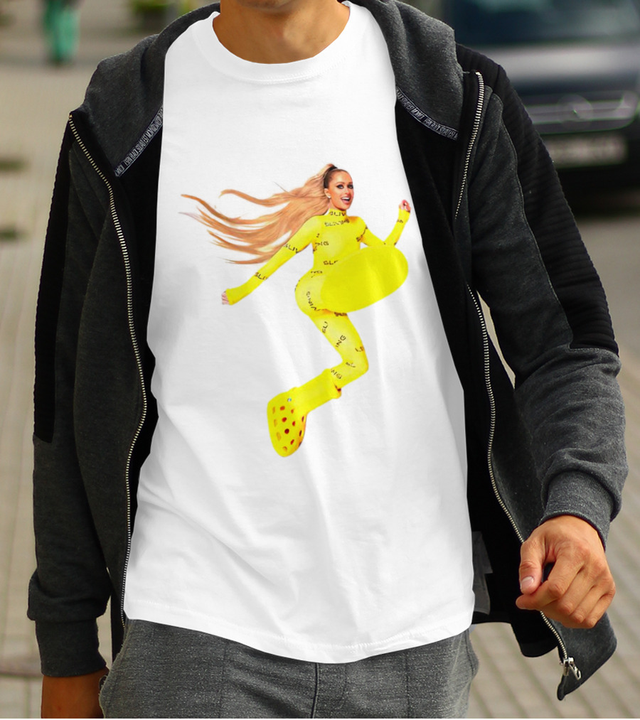 Paris Hilton Yellow Slime Crocs Big Yellow Boot T-Shirt