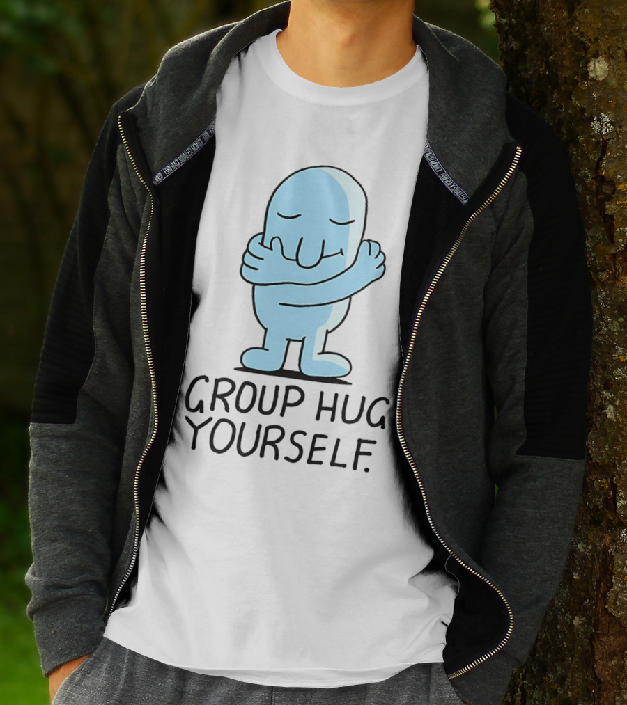 Group Hug Yourself Blue Cartoon Character Self-Embrace T-Shirt