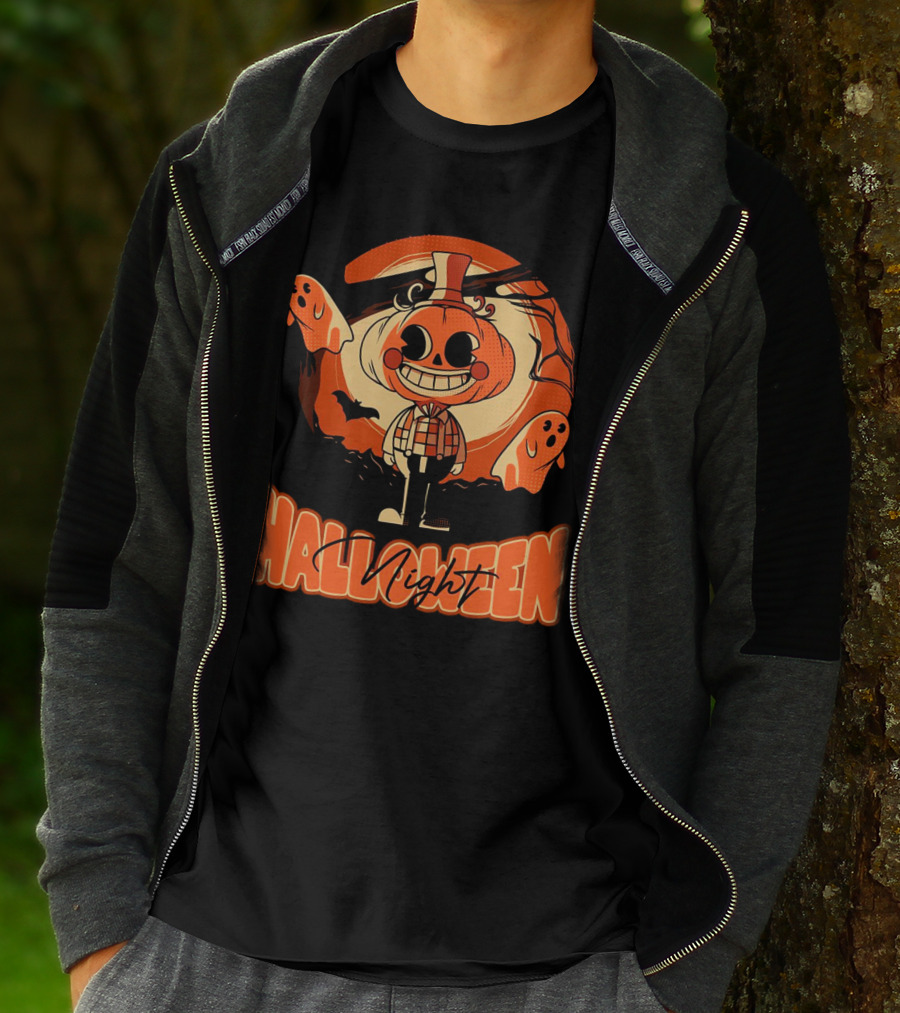 Halloween Night Pumpkin Head Boy With Ghosts And Bats T-Shirt