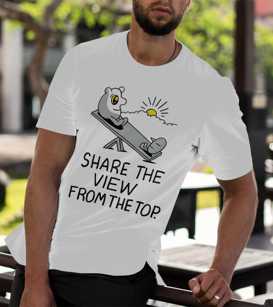 Share The View From The Top - Cartoon Figures On Teeter-Totter With Sunset T-Shirt