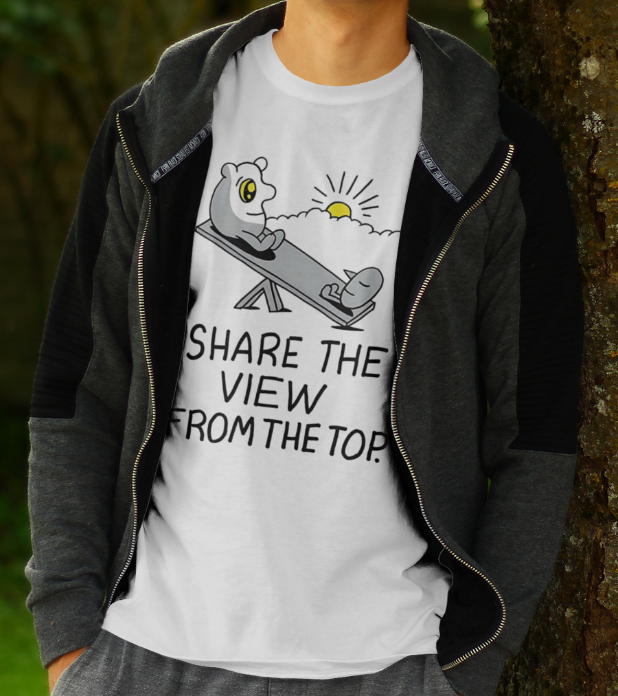 Share The View From The Top - Cartoon Figures On Teeter-Totter With Sunset T-Shirt