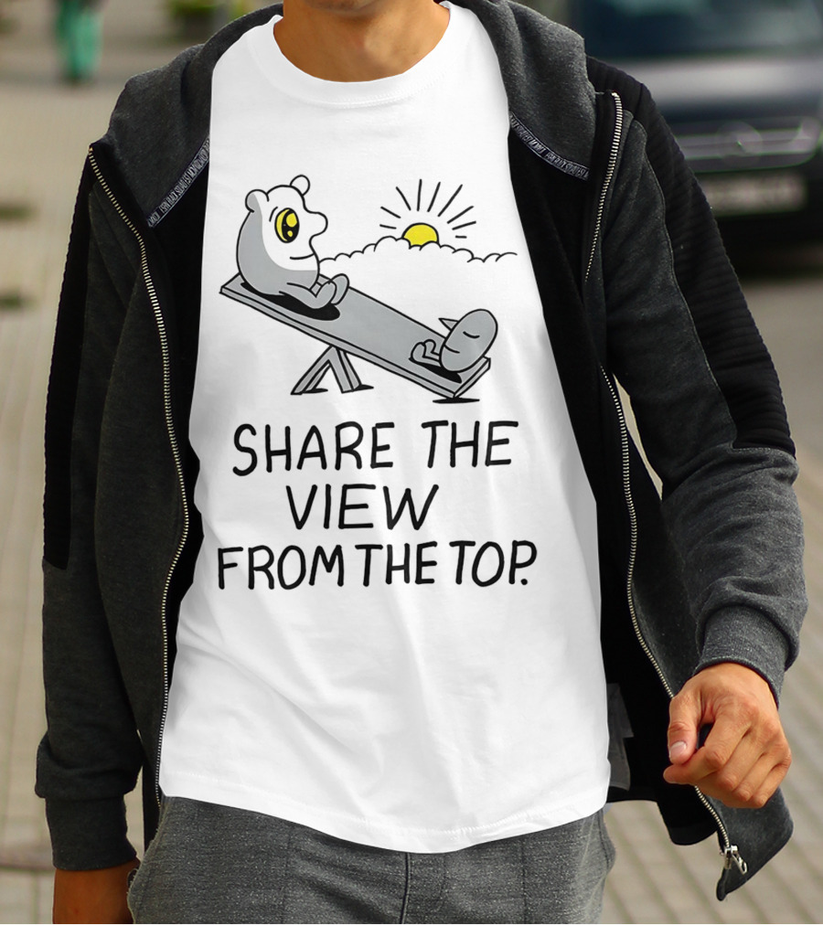 Share The View From The Top - Cartoon Figures On Teeter-Totter With Sunset T-Shirt