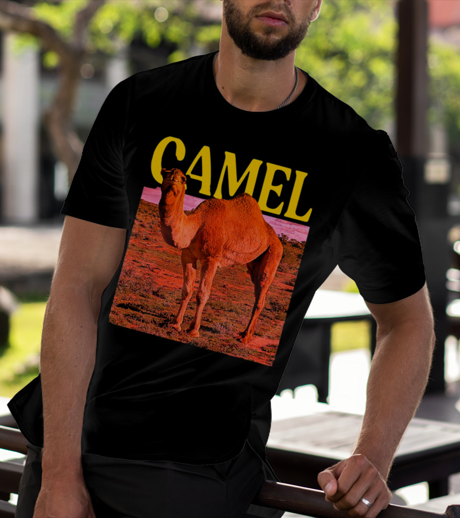 Camel In Vibrant Orange Desert Landscape T-Shirt