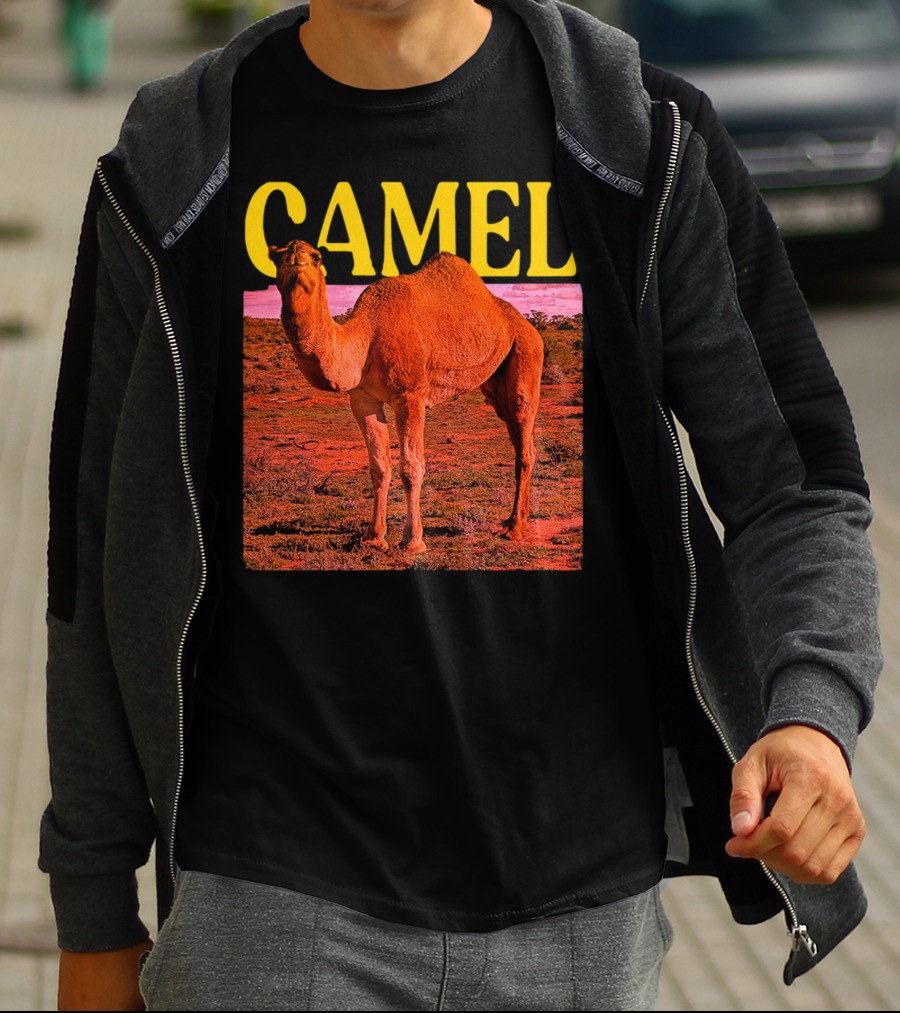 Camel In Vibrant Orange Desert Landscape T-Shirt