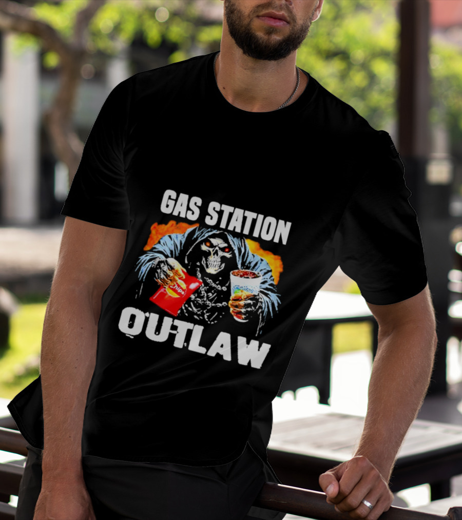 Gas Station Outlaw Chips Fiery Skull T-Shirt