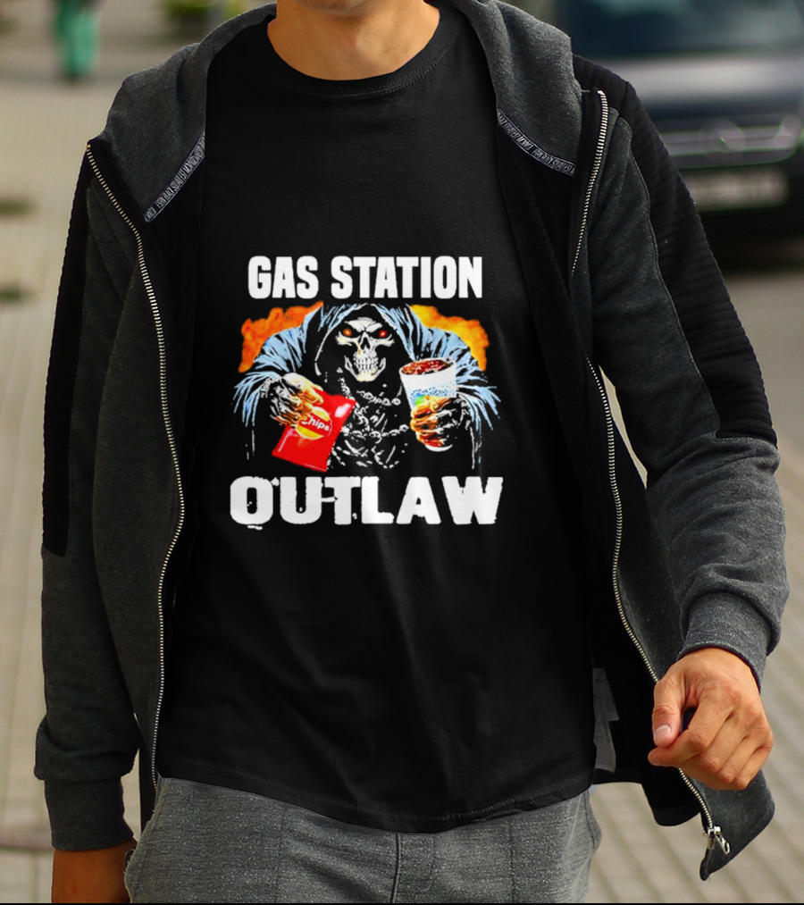 Gas Station Outlaw Chips Fiery Skull T-Shirt