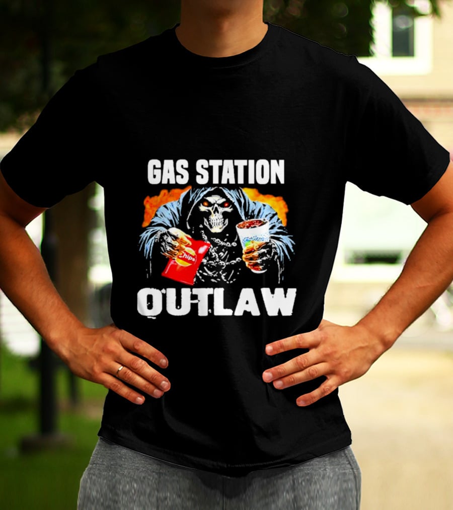 Gas Station Outlaw Chips Fiery Skull T-Shirt
