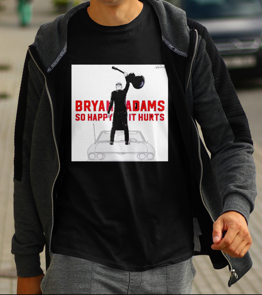 Bryan Adams So Happy It Hurts Album Cover Art Standing On Car With Guitar T-Shirt