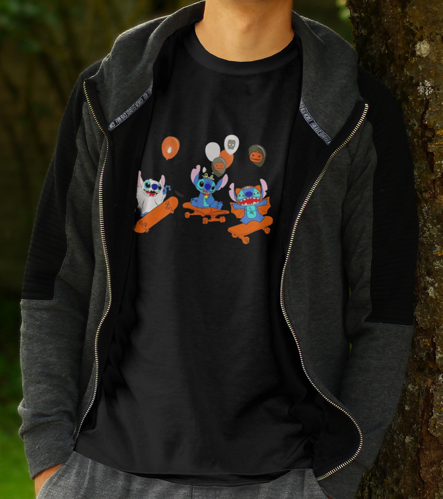 Stitch Skateboarding Halloween Balloons Cute Ghost Pumpkin T-Shirt