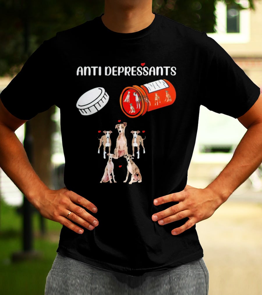 Anti Depressants Dogs Medicine Bottle With Greyhound Puppies T-Shirt