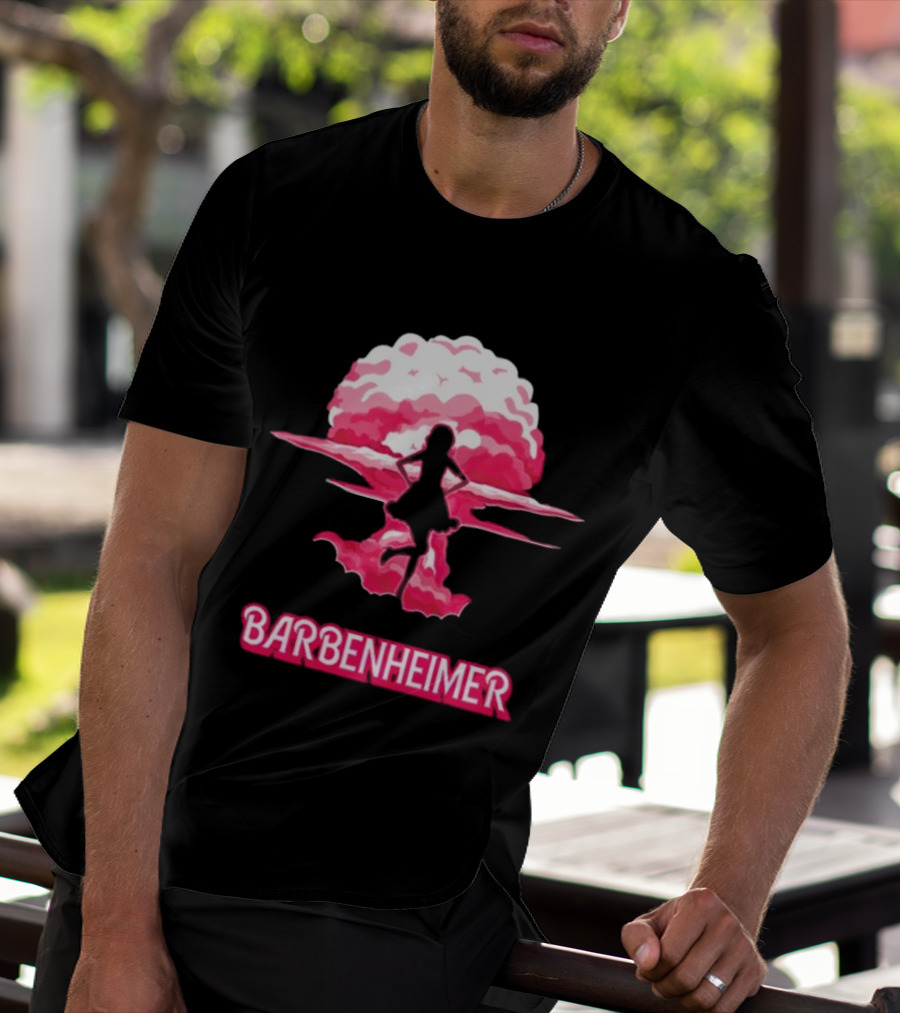 Barbenheimer Fusion Silhouette With Pink Explosion Background T-Shirt