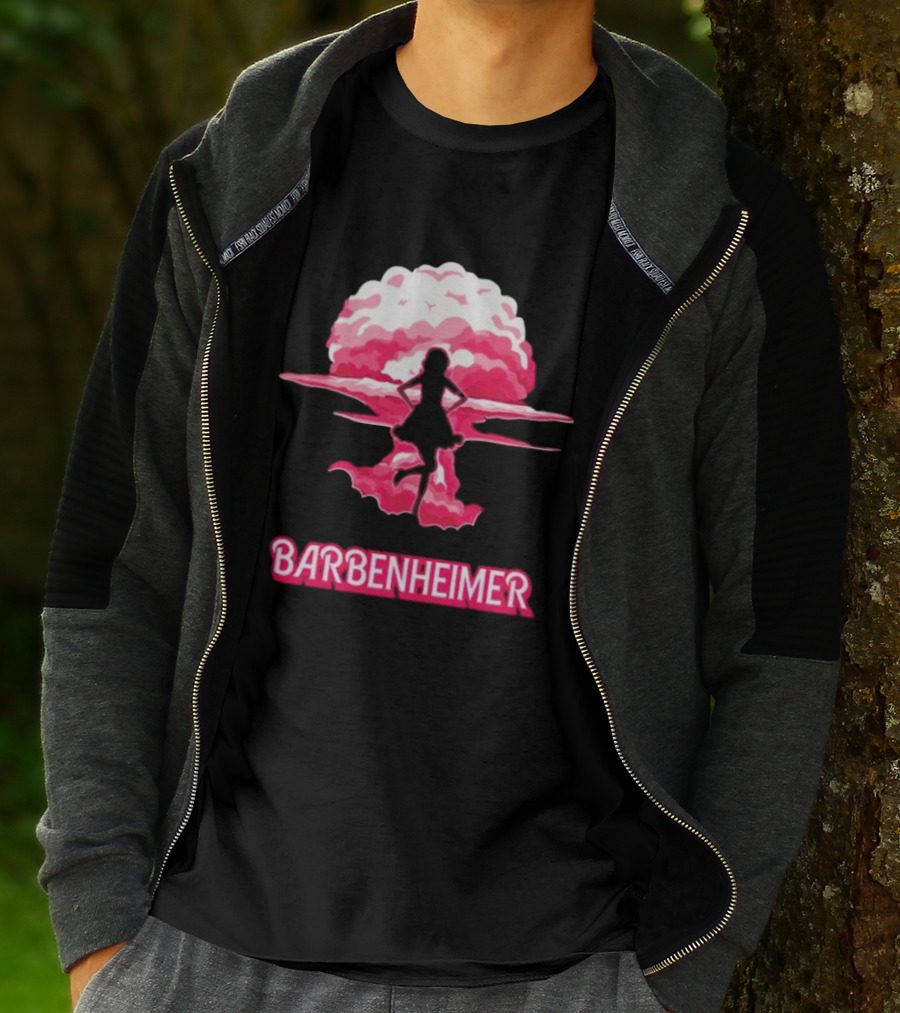 Barbenheimer Fusion Silhouette With Pink Explosion Background T-Shirt