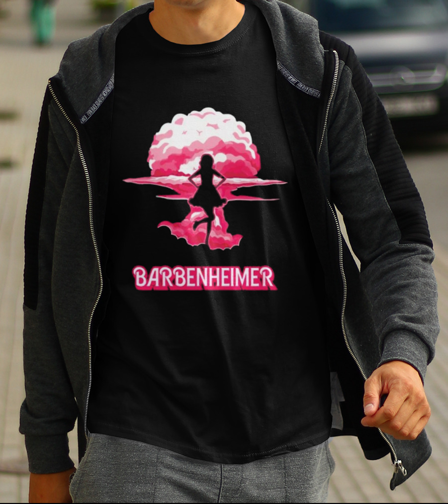 Barbenheimer Fusion Silhouette With Pink Explosion Background T-Shirt