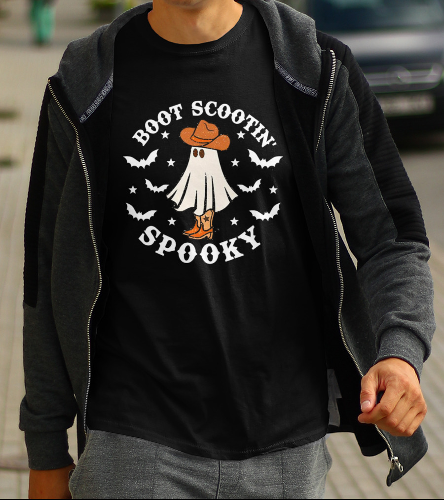 Boot Scootin Ghost With Cowboy Hat Spooky Halloween T-Shirt