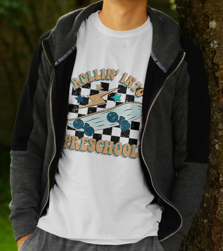 Rollin Into Preschool Skateboard Lightning Stars Checkered Background T-Shirt