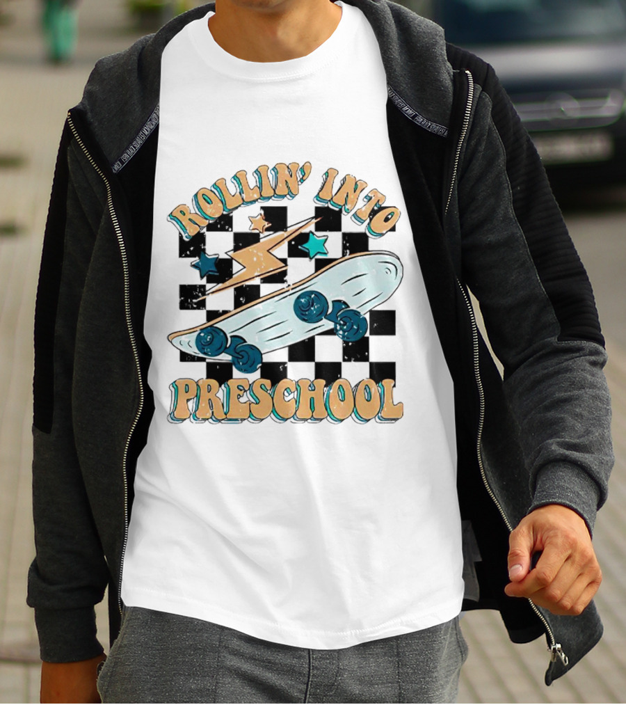 Rollin Into Preschool Skateboard Lightning Stars Checkered Background T-Shirt