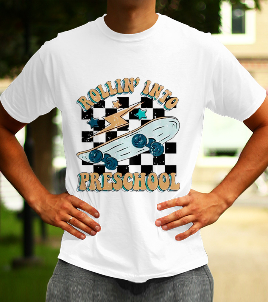 Rollin Into Preschool Skateboard Lightning Stars Checkered Background T-Shirt