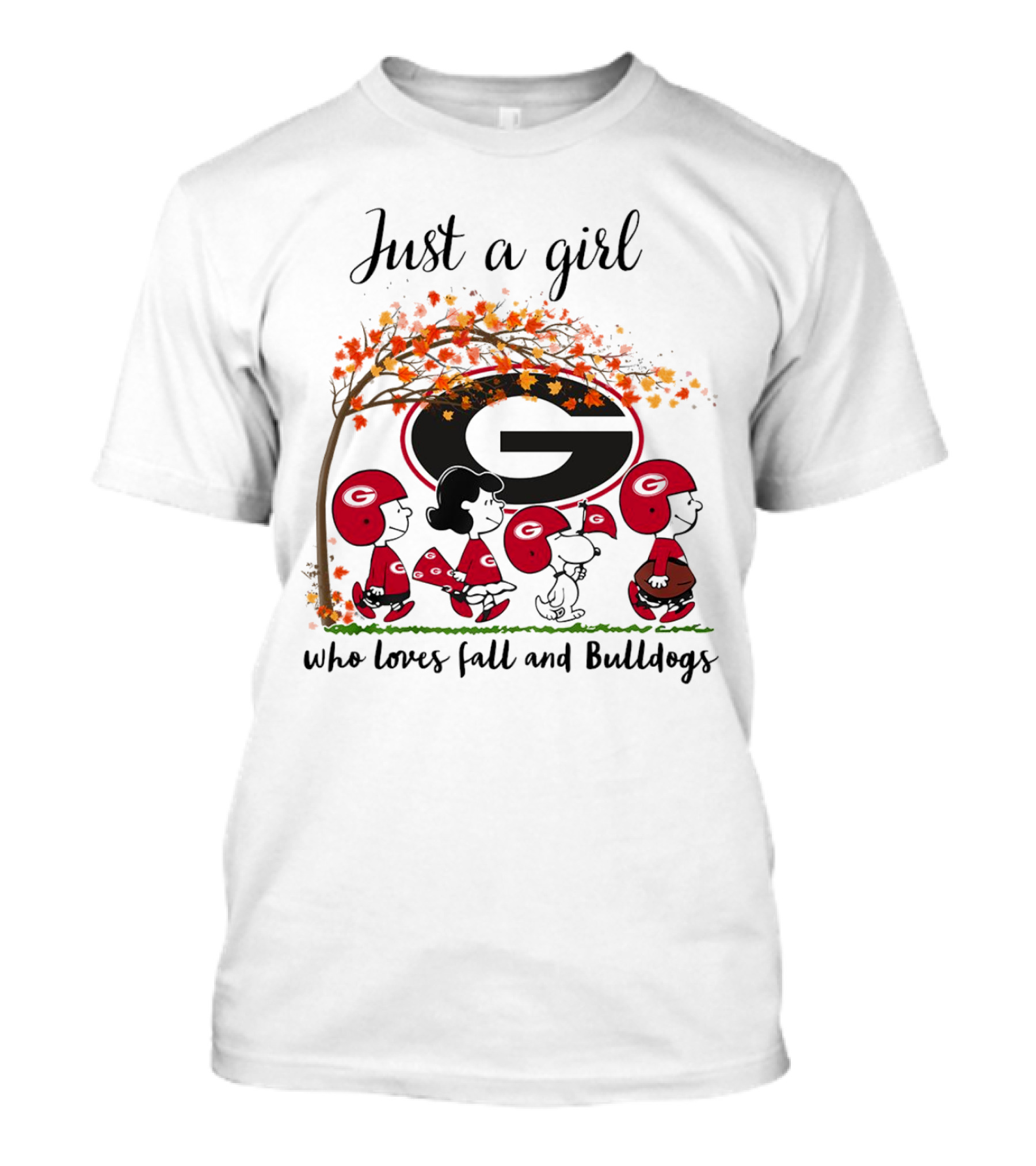 Just A Girl Who Loves Fall And Bulldogs Peanuts Cartoon Georgia Bulldogs Football T-Shirt