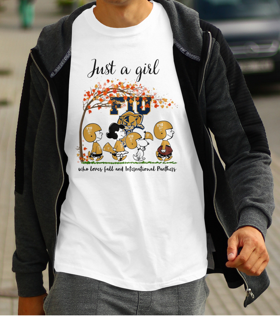 Just A Girl Who Loves Fall And FIU International Panthers Peanuts Cartoon T-Shirt