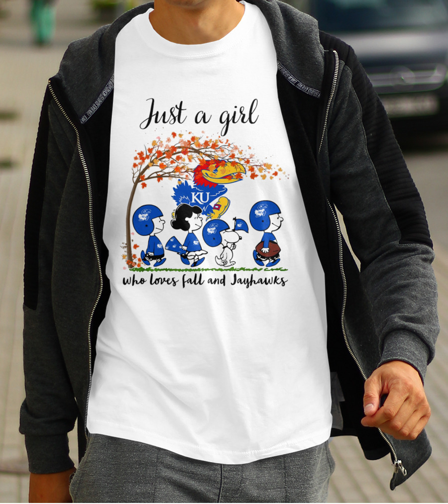 Just A Girl Who Loves Fall And Jayhawks Peanuts Cartoon Halloween KU T-Shirt