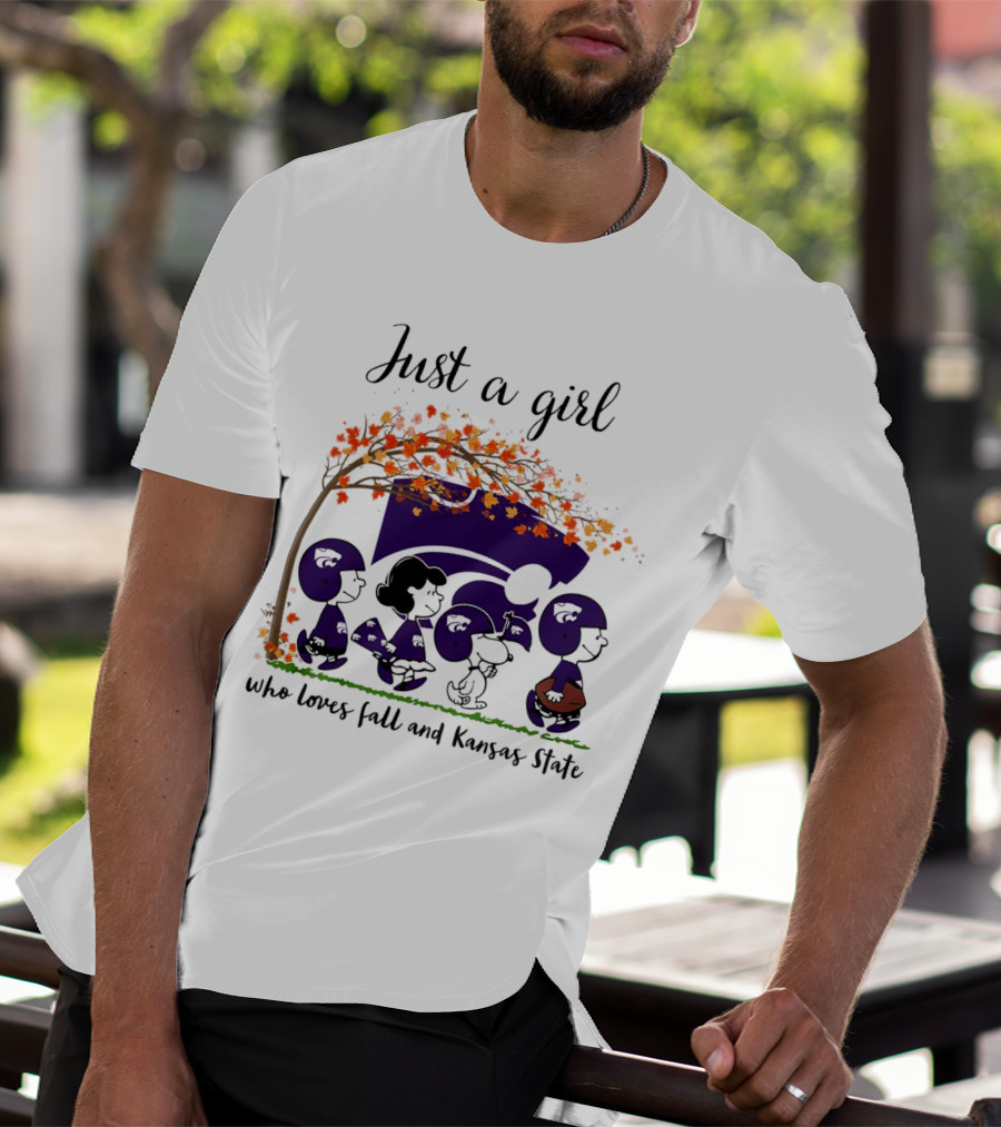 Just A Girl Who Loves Fall And Kansas State Peanuts Cartoon Halloween Football Players T-Shirt
