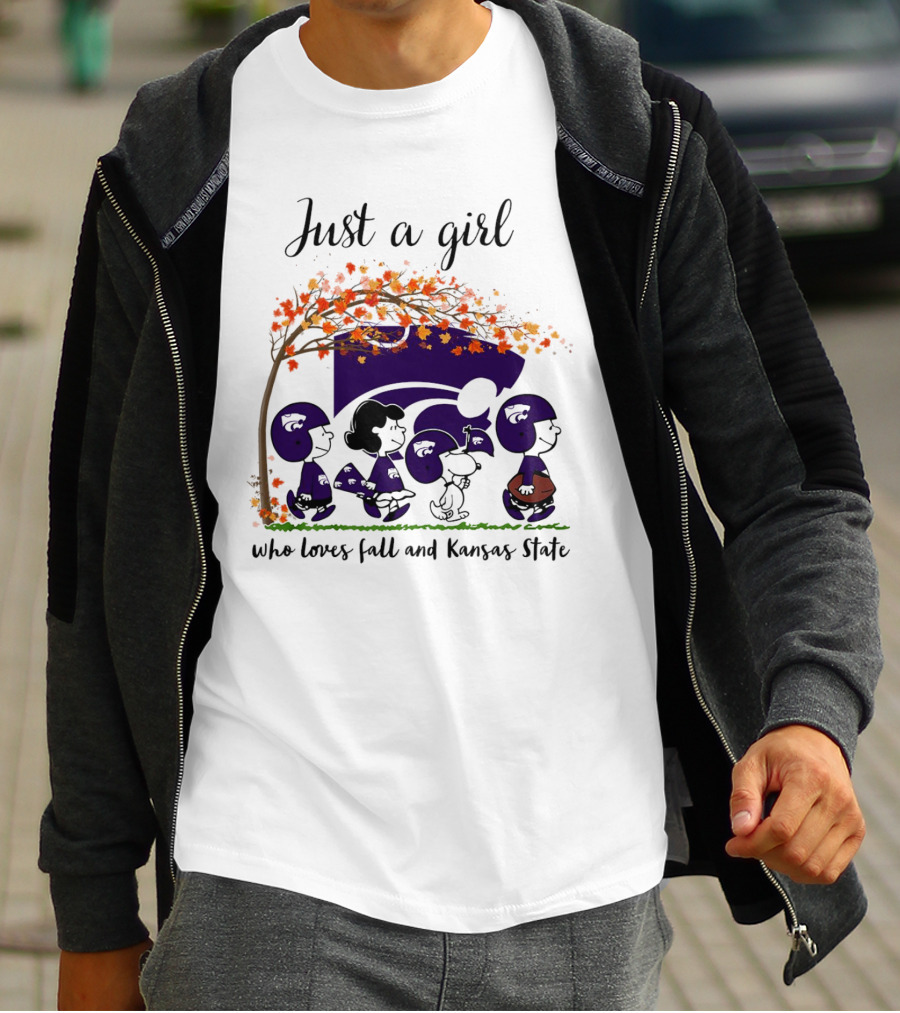 Just A Girl Who Loves Fall And Kansas State Peanuts Cartoon Halloween Football Players T-Shirt