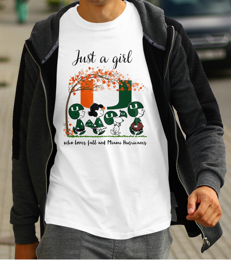 Just A Girl Who Loves Fall And Miami Hurricanes Peanuts Cartoon T-Shirt