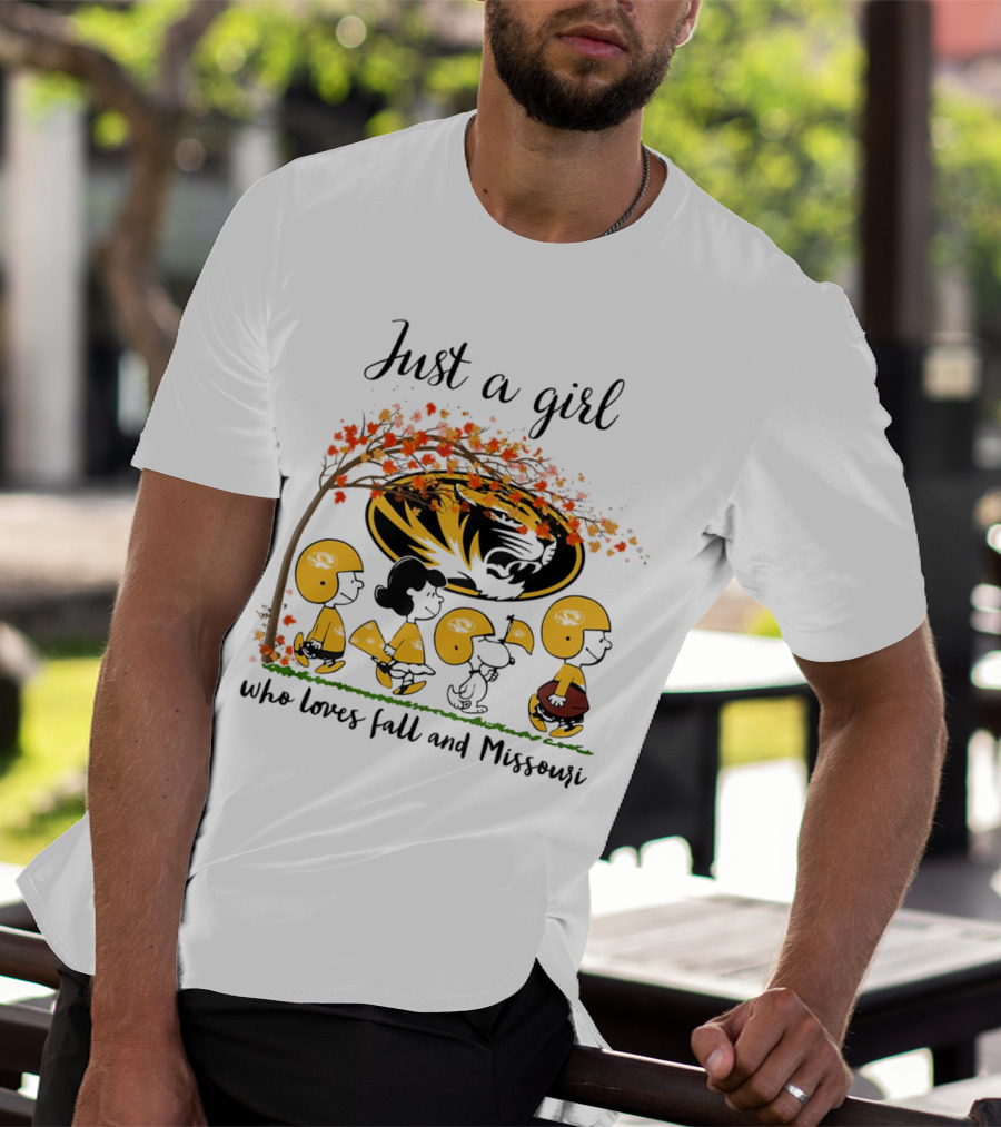 Just A Girl Who Loves Fall And Missouri Peanuts Cartoon Halloween Football Tiger Leaves T-Shirt
