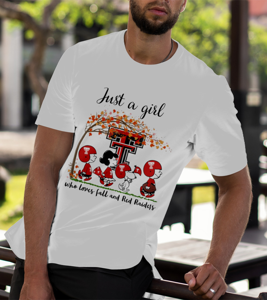 Just A Girl Who Loves Fall And Red Raiders Peanuts Cartoon Football Fans T-Shirt