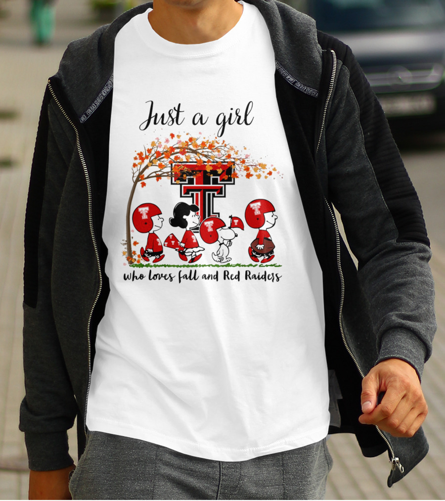 Just A Girl Who Loves Fall And Red Raiders Peanuts Cartoon Football Fans T-Shirt