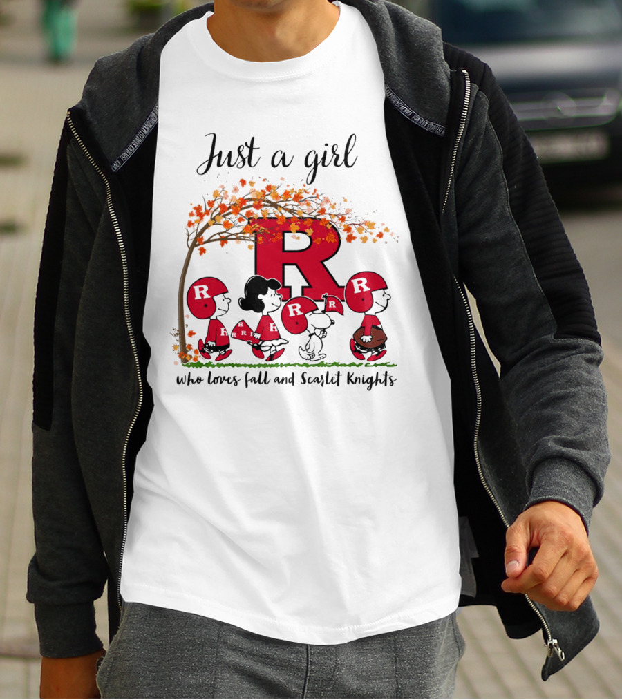 Just A Girl Who Loves Fall Scarlet Knights Peanuts Cartoon T-Shirt